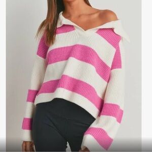 ButterMelon Pink White Striped Knit Pullover Sweater with Collar Size S Boxy